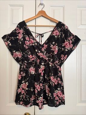 torrid Black Floral Wrap Blouse with Pink Flowers